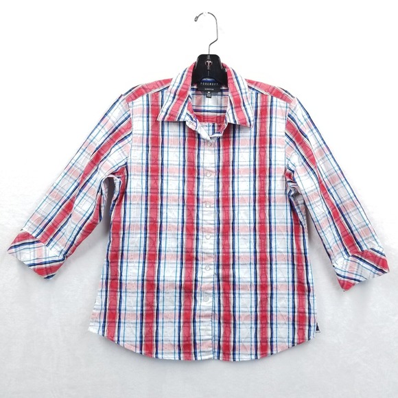 Foxcroft Blouse Women 6‎ Red Plaid Pearl Snap Stretch Shaped Fit 3/4 Sleeve - Picture 1 of 11